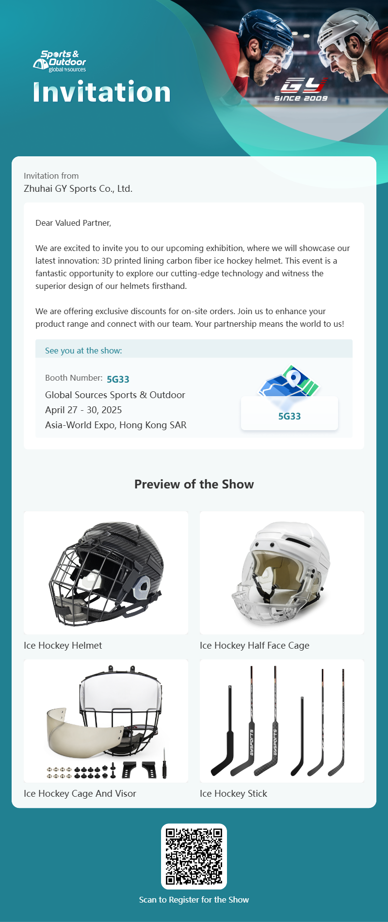 GY Global Sources Sports & Outdoor, du 27 au 30 avril 2025, Asia-World Expo, Hong Kong RAS, numéro de stand. 5G33